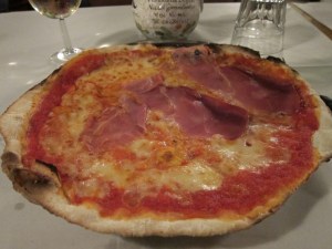 And there she is, my pizza. Essentially margarita pizza with some prosciutto on top. DELICIOUS!