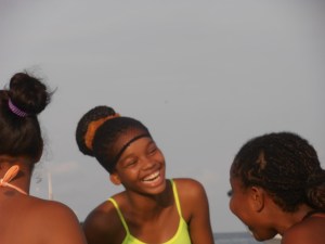 So pretty! And what you can't see is that her suit for the race consists of cut off jean shorts and a tank top...