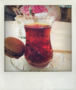 Tea and a chocolate macaron at the Pera Palace Hotel bakery.